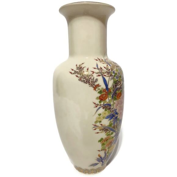 Japanese Shibata Vase Porcelain Floral Design 10.75" Tall Multicolor - Picture 4 of 8
